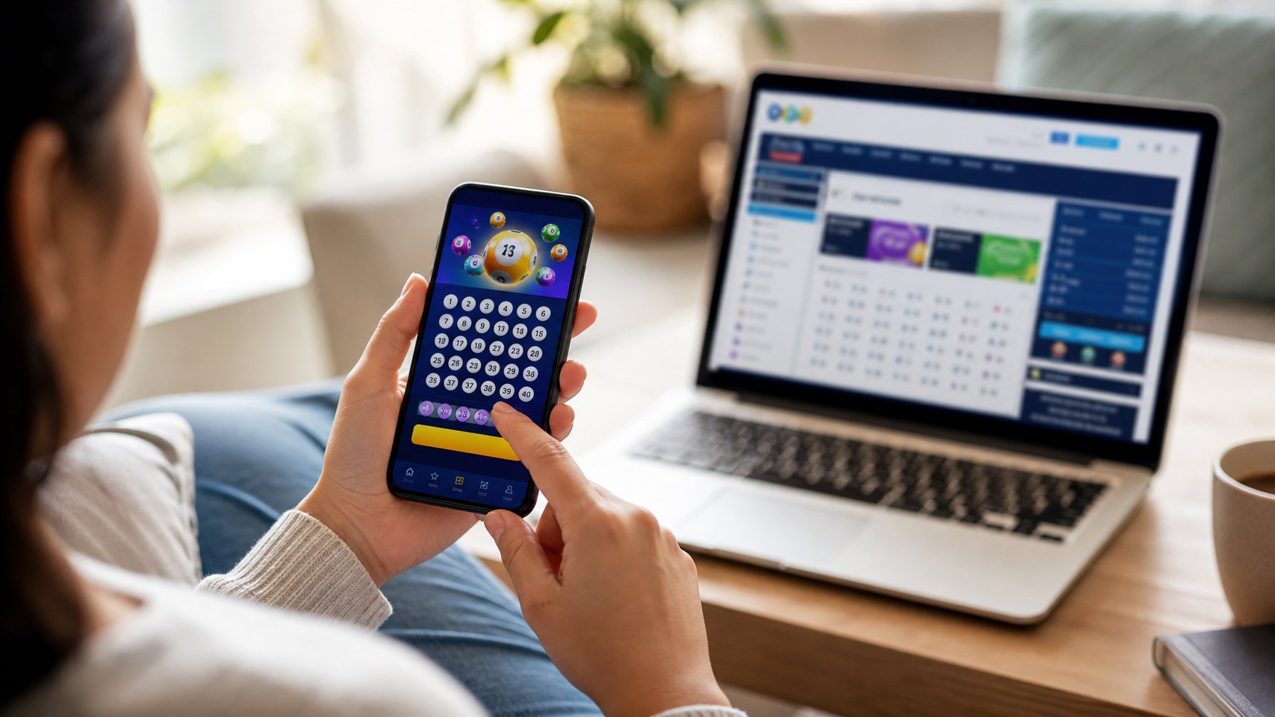 Seseorang menggunakan ponsel dengan aplikasi togel yang terlihat jelas, duduk di ruang tamu dengan laptop yang menampilkan situs togel di latar belakang.