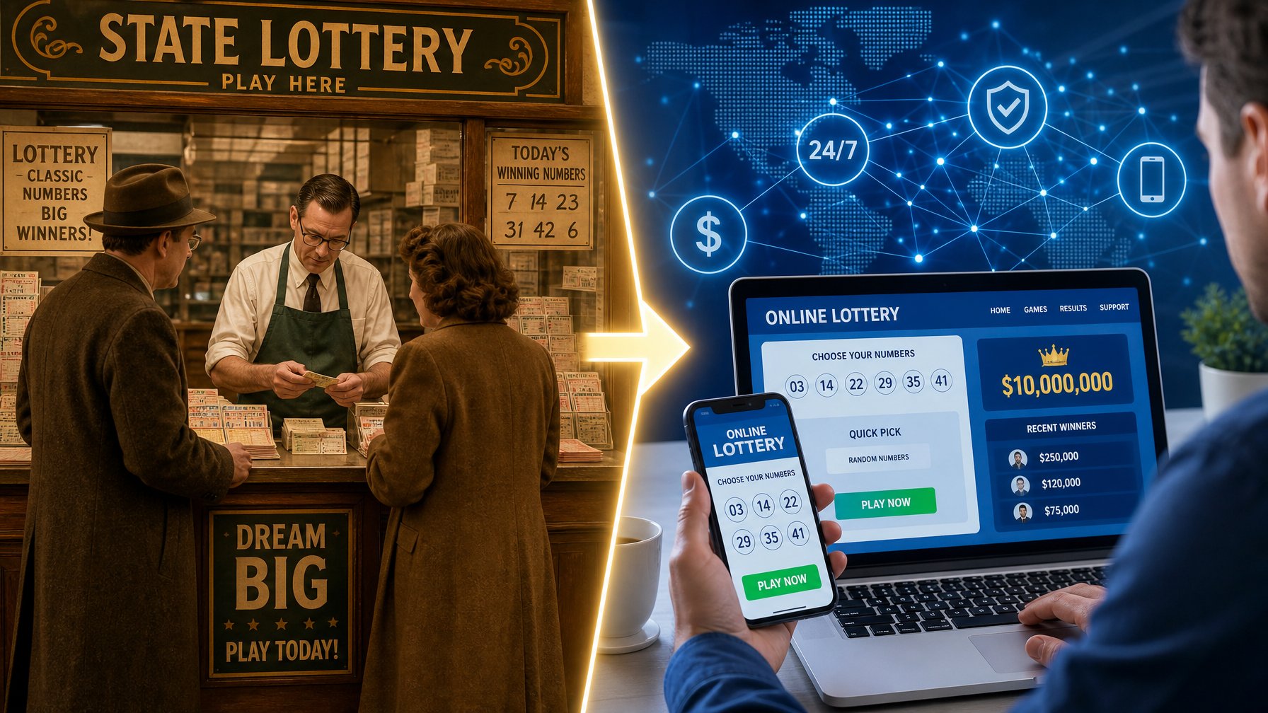 Gambaran perkembangan bandar togel dari toko konvensional ke sistem online, menampilkan suasana toko togel lama dan seseorang menggunakan perangkat digital untuk memasang taruhan.