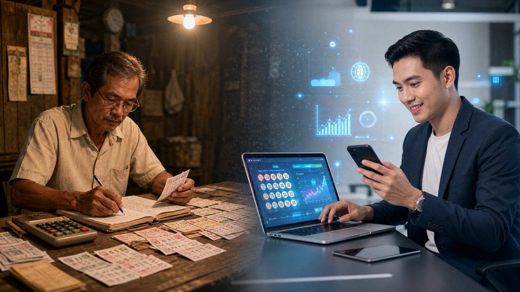 Seorang pria tua dengan tiket togel kertas di ruangan tradisional di sebelah kiri, dan seorang profesional muda menggunakan laptop dan ponsel di ruang kantor modern di sebelah kanan.