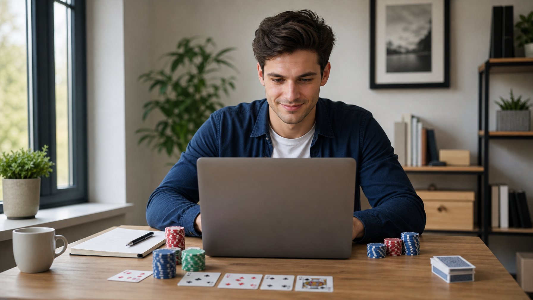 Seorang pemula bermain poker online di laptop di ruang kerja rumah yang terang dan rapi.