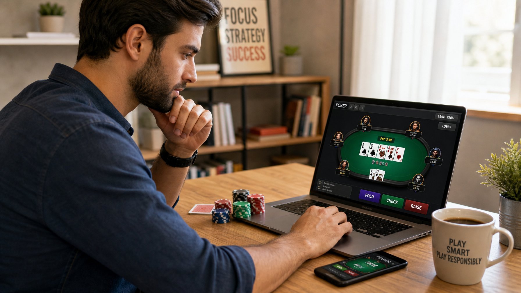 Seorang dewasa muda duduk di meja dengan laptop, bermain poker online dengan tumpukan chip dan kartu di sekitarnya.