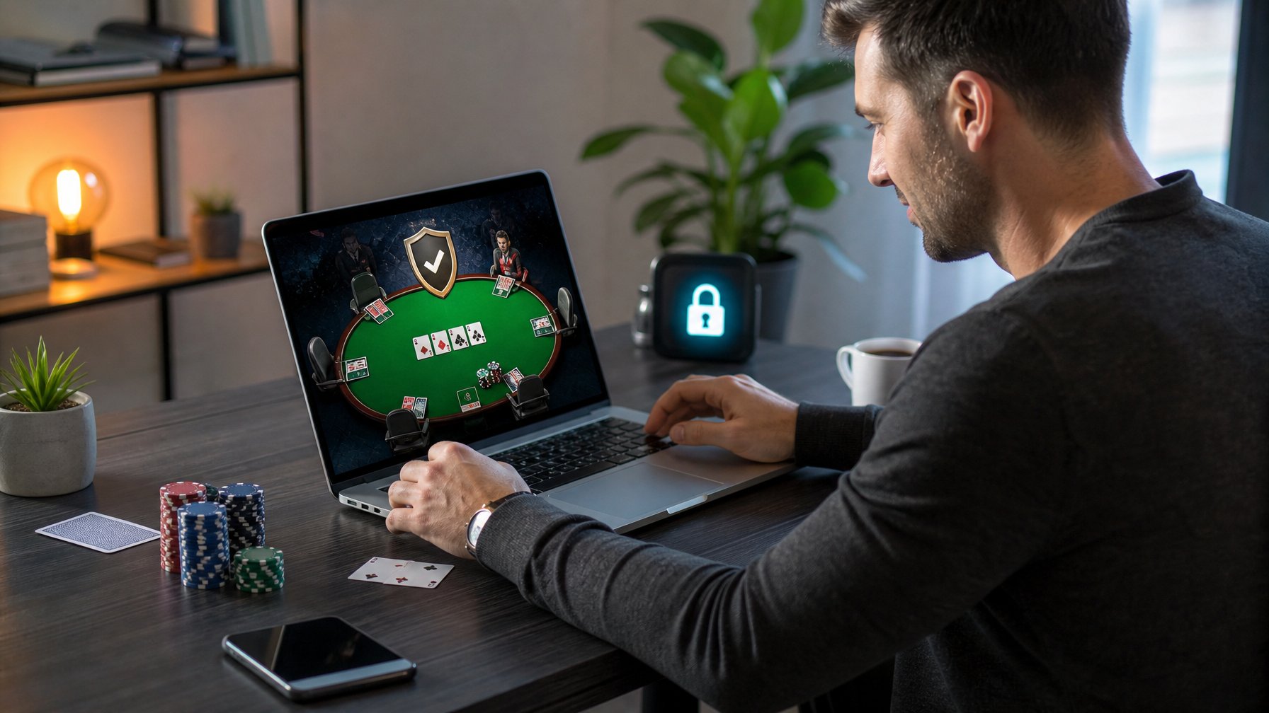 Seorang dewasa duduk di meja dengan laptop, chip poker, dan kartu bermain, terlihat fokus menggunakan situs poker online yang aman.