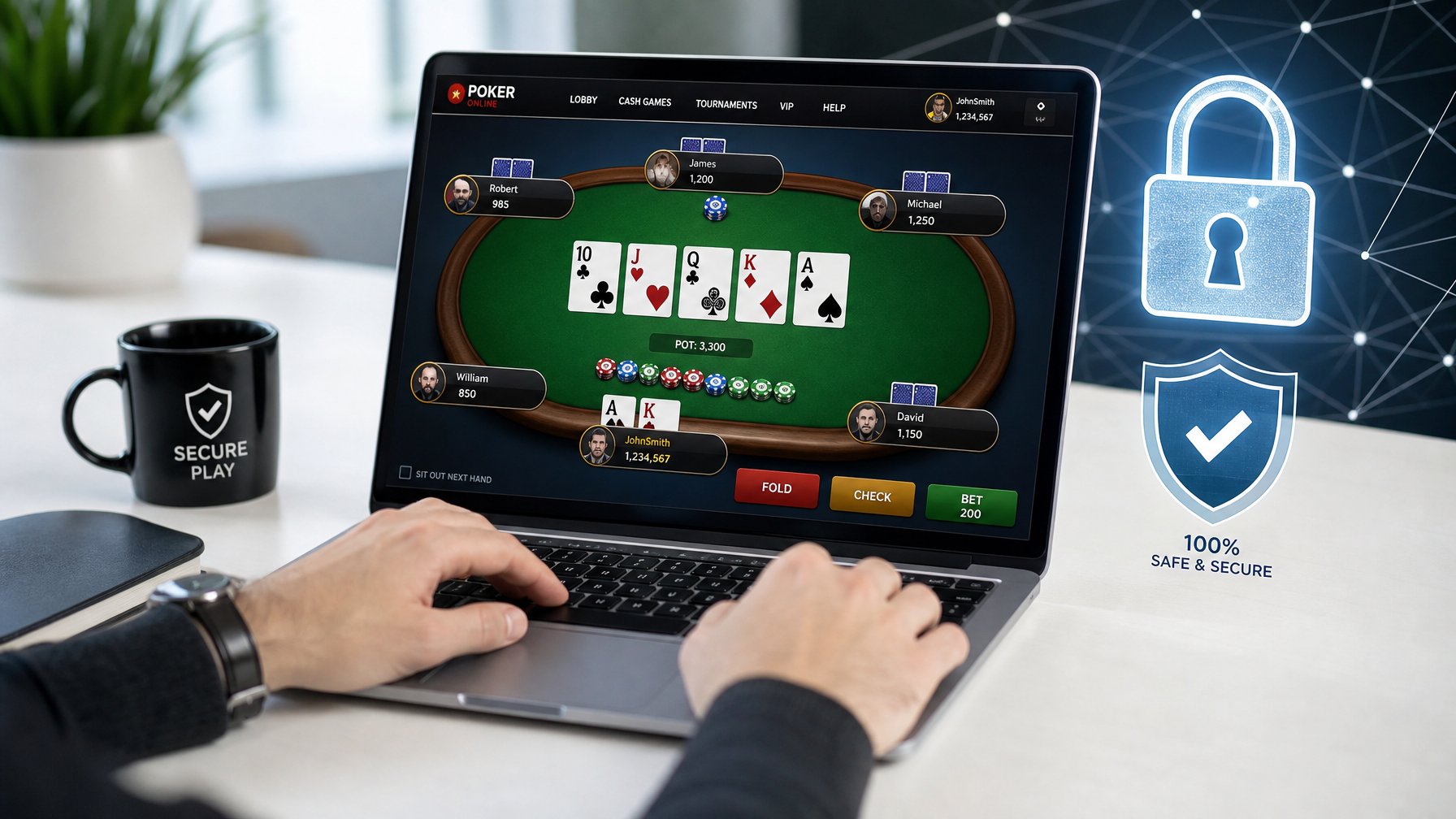 Seorang pengguna sedang bermain poker online di laptop dengan simbol keamanan seperti gembok dan perisai di sekitar layar.