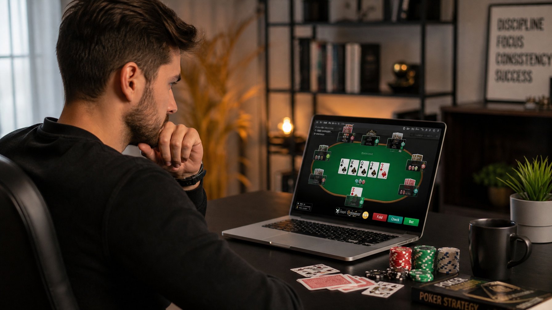 Seorang pria muda duduk di meja dengan laptop, bermain poker online dengan kartu dan chip di sekitarnya.