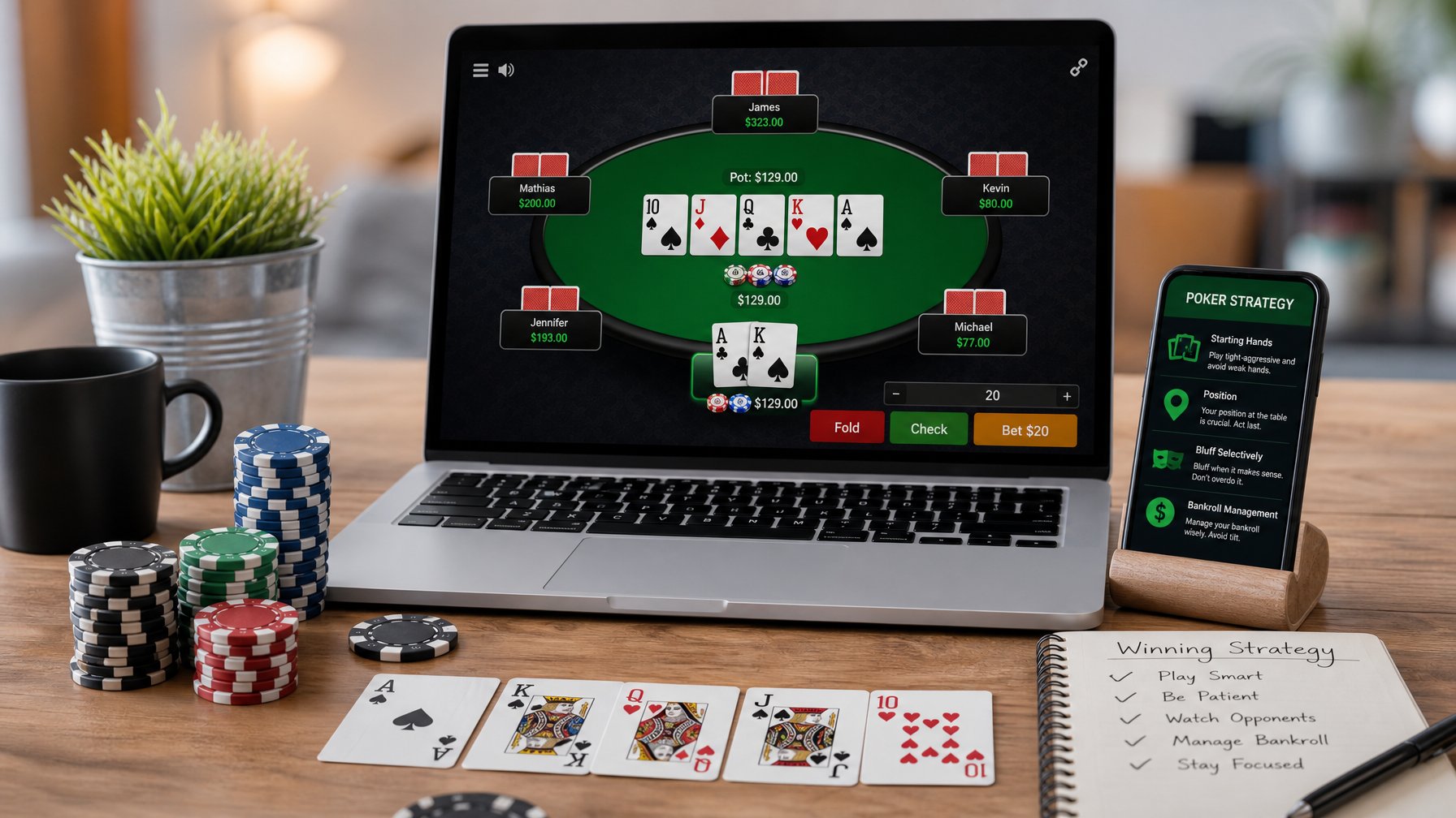 Seorang pemain poker online sedang fokus dengan laptop yang menampilkan permainan poker, dikelilingi oleh chip poker dan kartu bermain di atas meja.