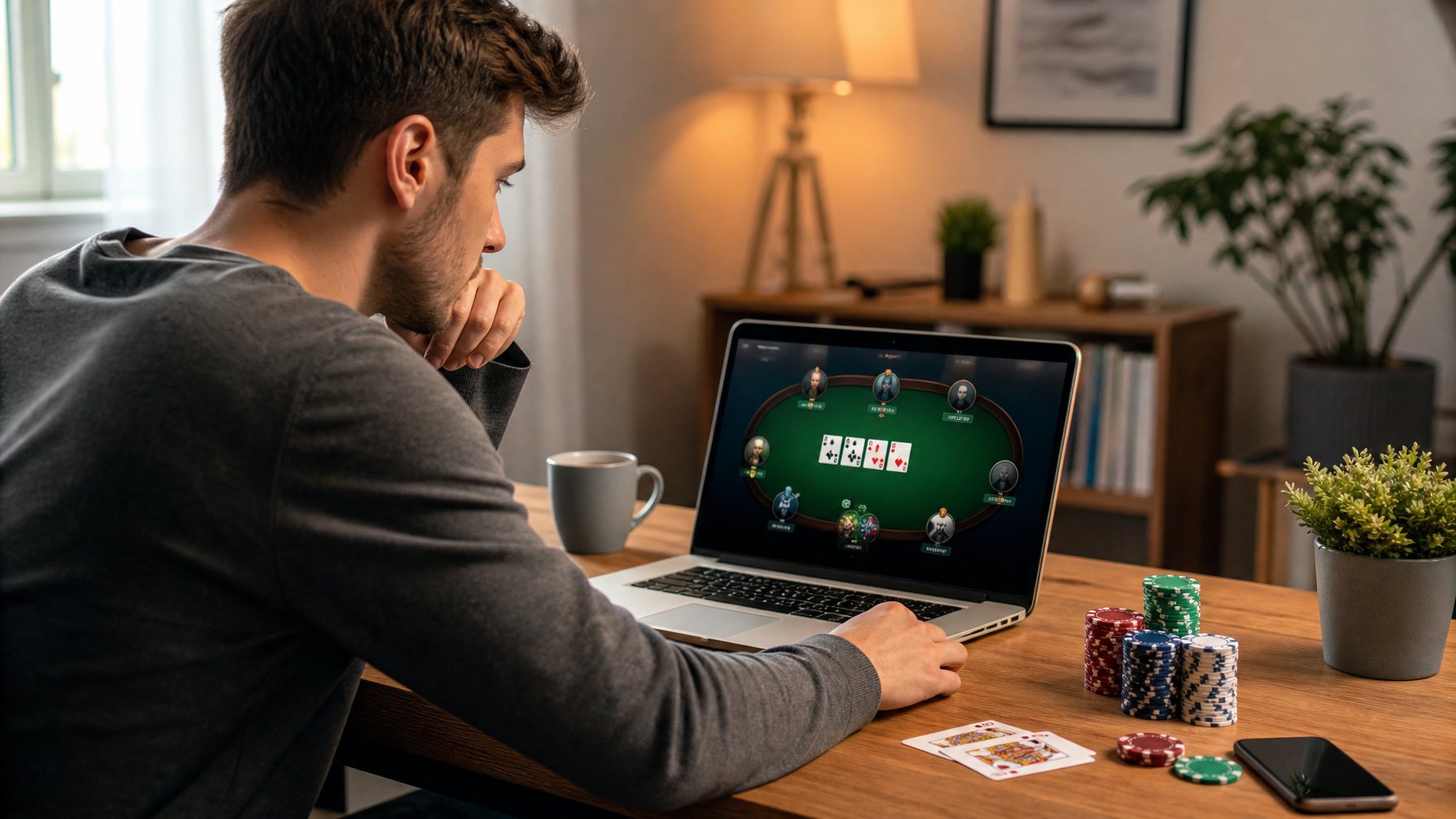 Seorang dewasa muda sedang fokus bermain poker online menggunakan laptop di meja kayu dengan chip poker dan kartu di sekitarnya di dalam ruangan yang nyaman.