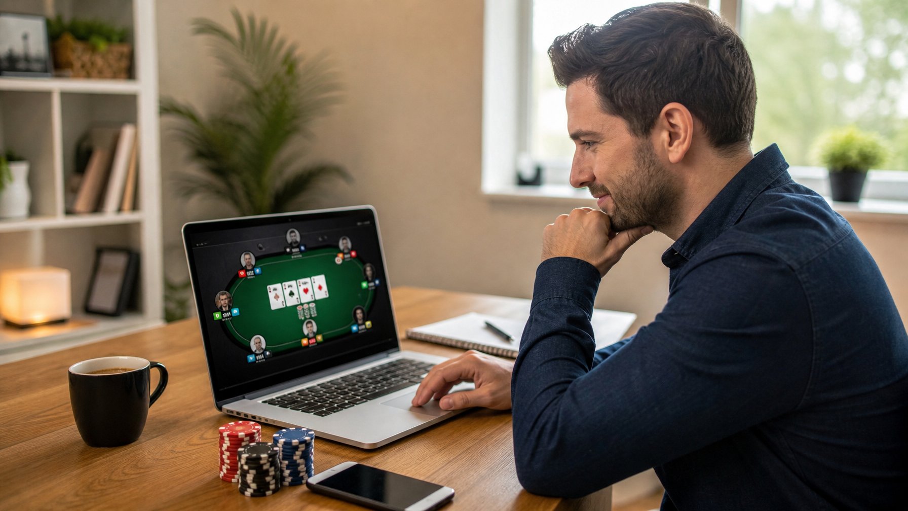 Seorang dewasa muda bermain poker online di laptop dengan tumpukan chip kecil di meja dalam ruangan kantor rumah yang terang.
