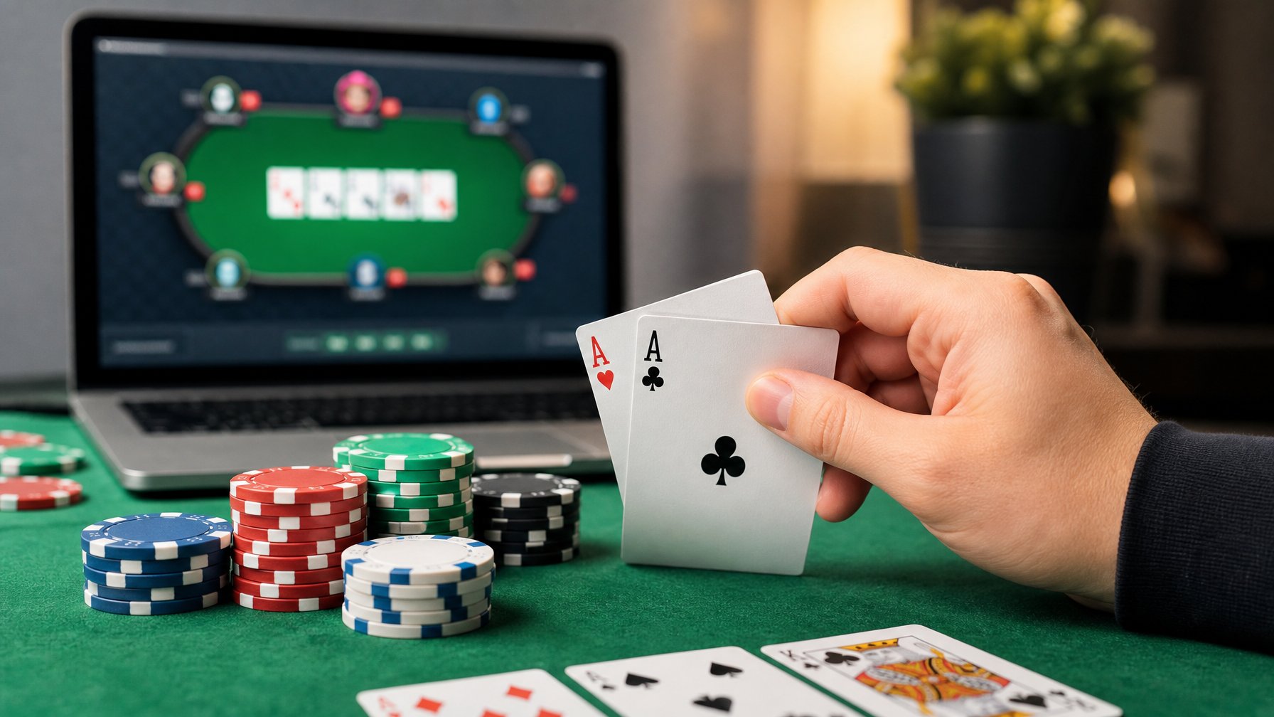 Meja poker dengan chip warna-warni dan kartu yang dipegang seseorang, di latar belakang terlihat layar komputer yang menampilkan platform poker online.