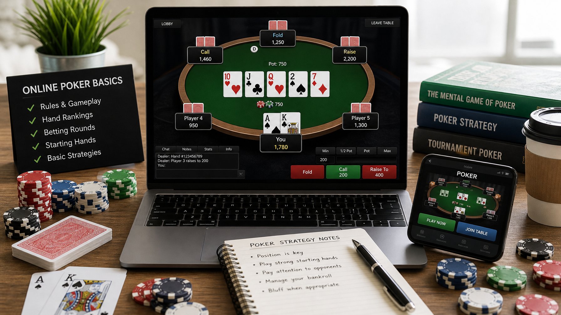 Seorang pemain poker online menggunakan laptop dengan kartu dan chip poker di meja, menunjukkan suasana belajar permainan poker dasar.