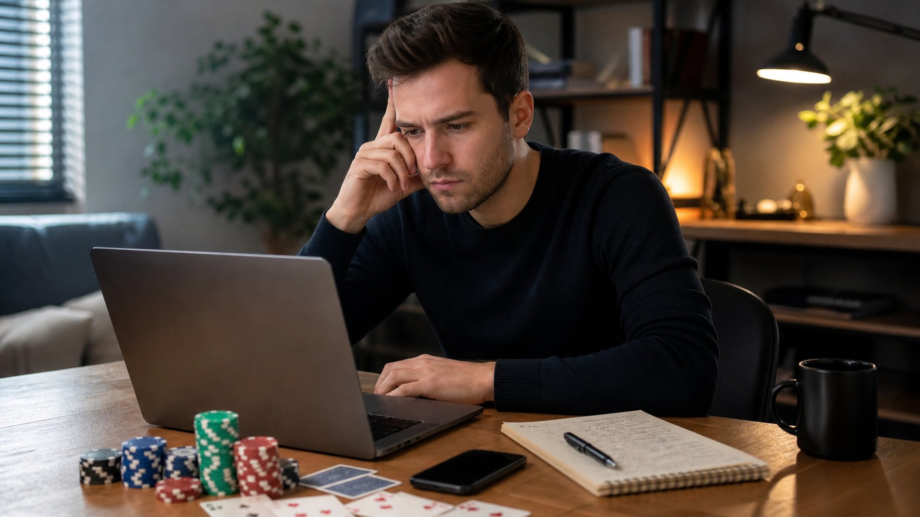 Seorang pria muda serius duduk di depan laptop dengan tumpukan chip poker dan kartu di meja, menunjukkan suasana bermain poker online.