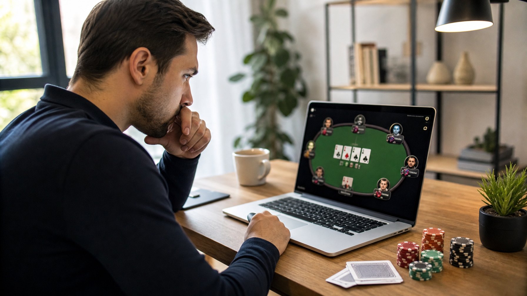 Seorang dewasa muda fokus bermain poker online di depan laptop dengan chip poker dan kartu di meja.