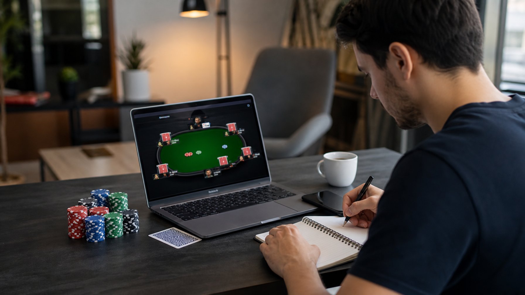 Seorang pemain poker muda sedang mengelola modal dengan laptop dan catatan di meja dalam ruangan yang nyaman.