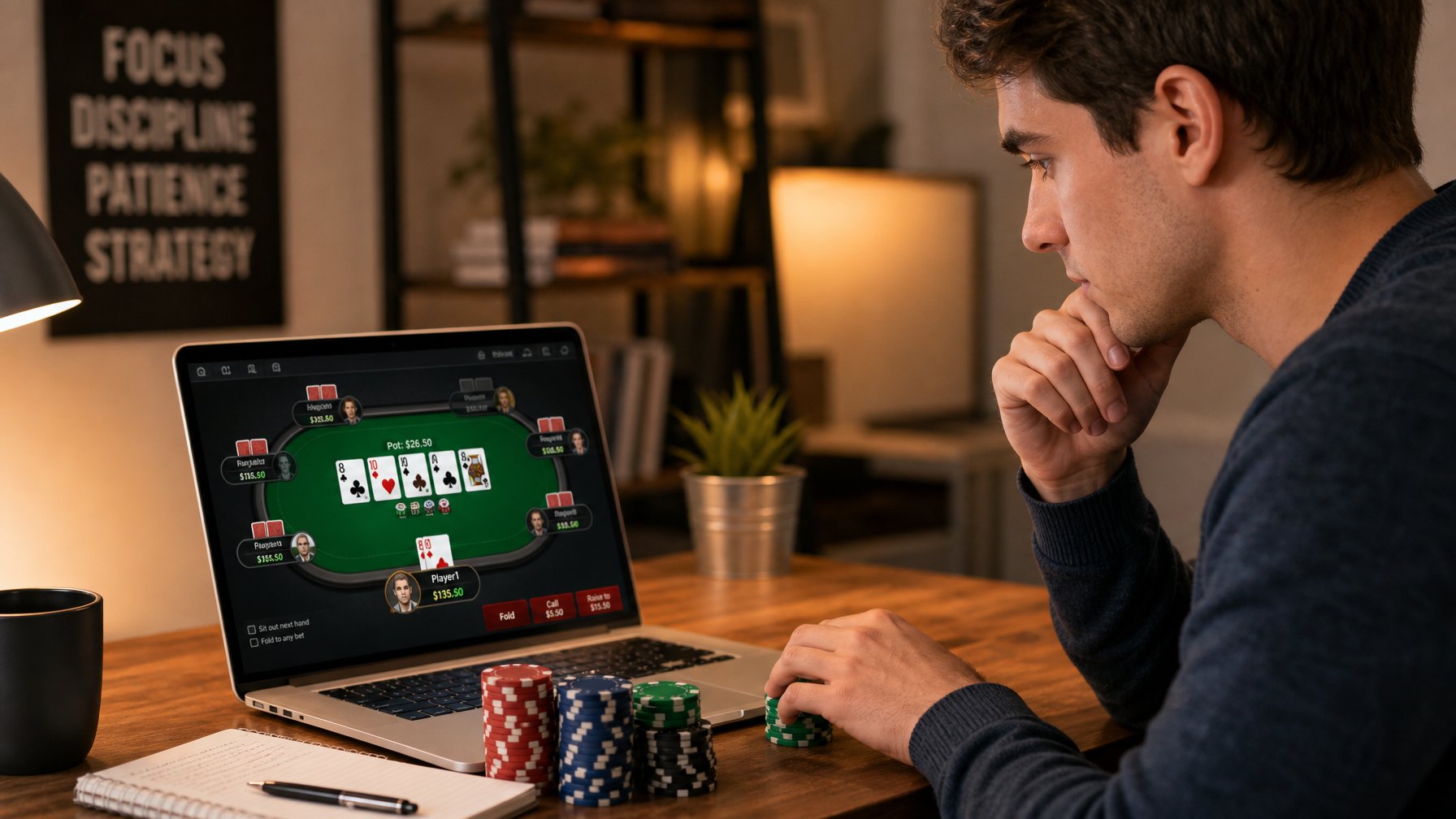 Seorang pemain poker pemula sedang mengelola chip dan kartu di depan laptop dengan tampilan permainan poker online.