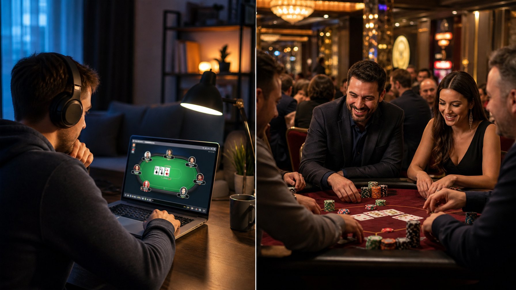Seseorang bermain poker online di depan laptop dan sekelompok orang bermain poker secara langsung di meja kasino.