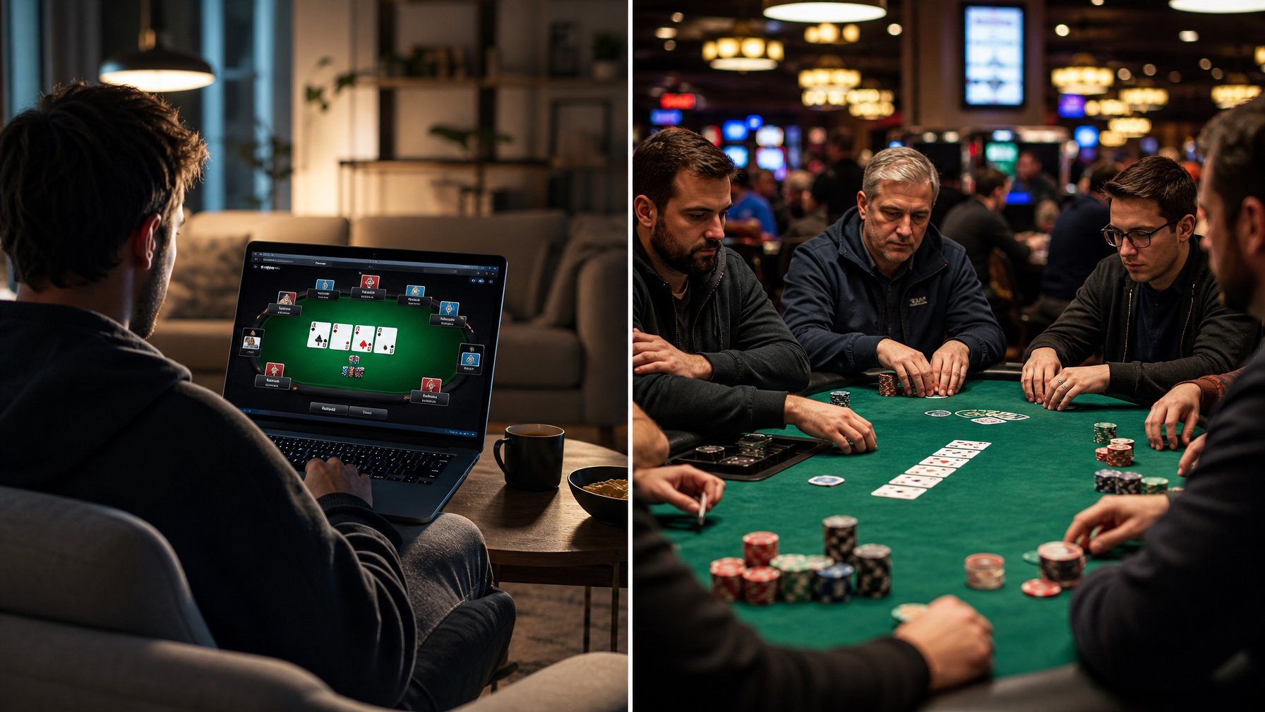 Sebuah gambar yang menunjukkan perbandingan antara bermain poker online di laptop dan poker offline di meja kasino dengan beberapa orang.