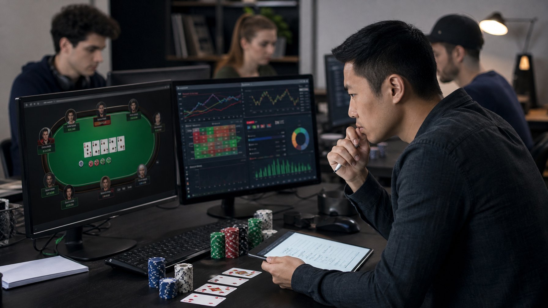 Orang-orang sedang bermain poker online dengan fokus dan serius, mengamati layar komputer dan mencatat strategi.