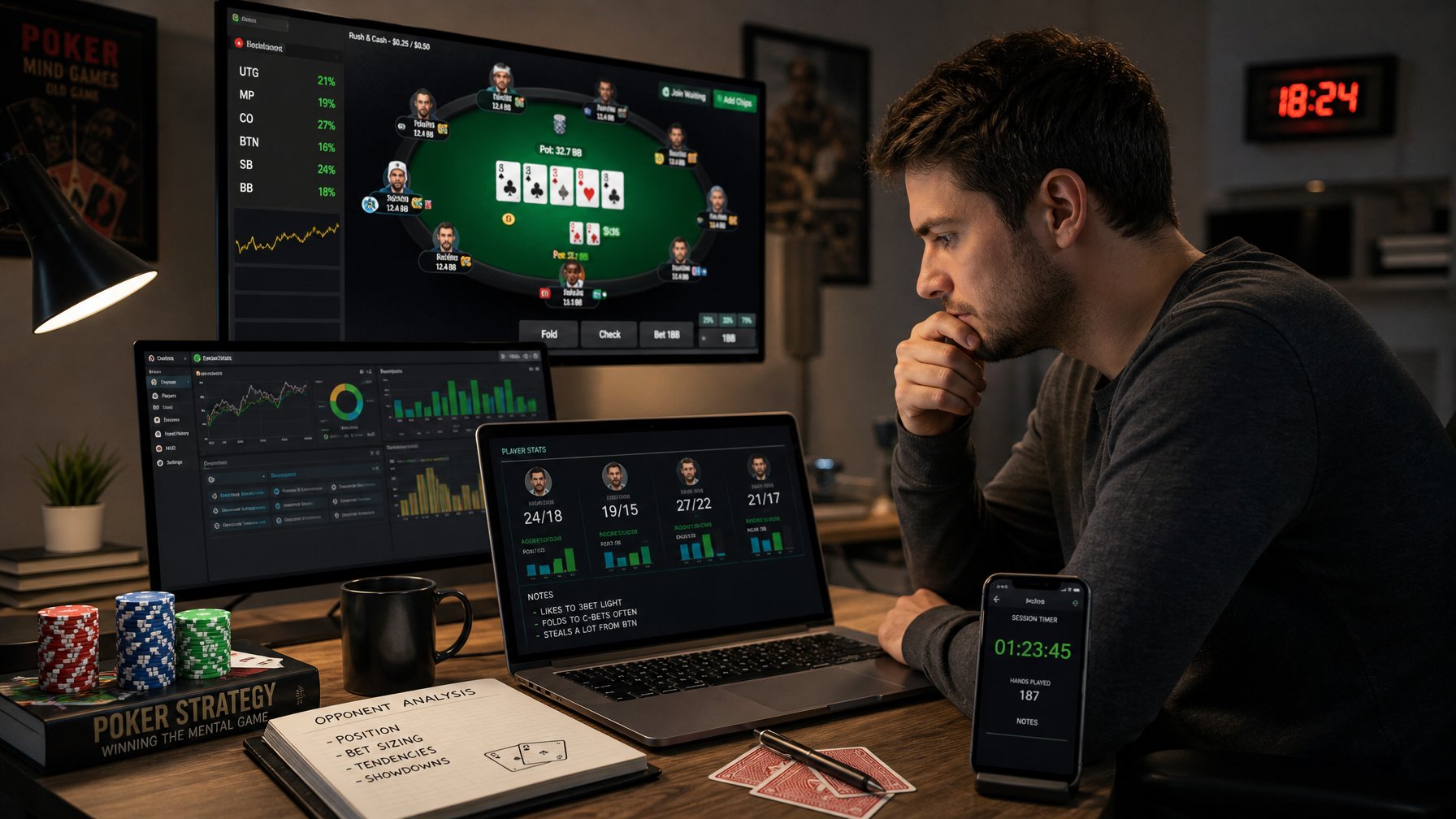 Seorang pemain poker sedang fokus menganalisis pola permainan lawan di depan layar komputer dengan kartu dan chip poker di meja.