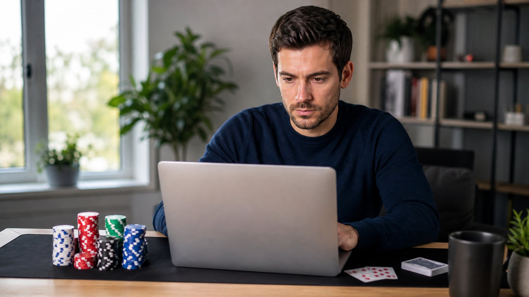 Seorang pria dewasa fokus bermain poker online di laptop di ruang kerja rumah yang rapi dan terang.