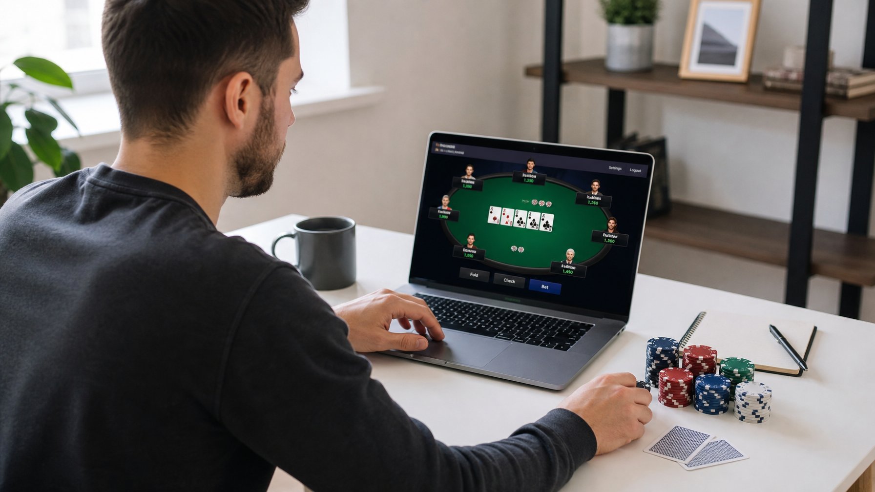 Seorang individu fokus bermain poker online menggunakan laptop di meja yang rapi dengan chip poker dan kartu di sampingnya.