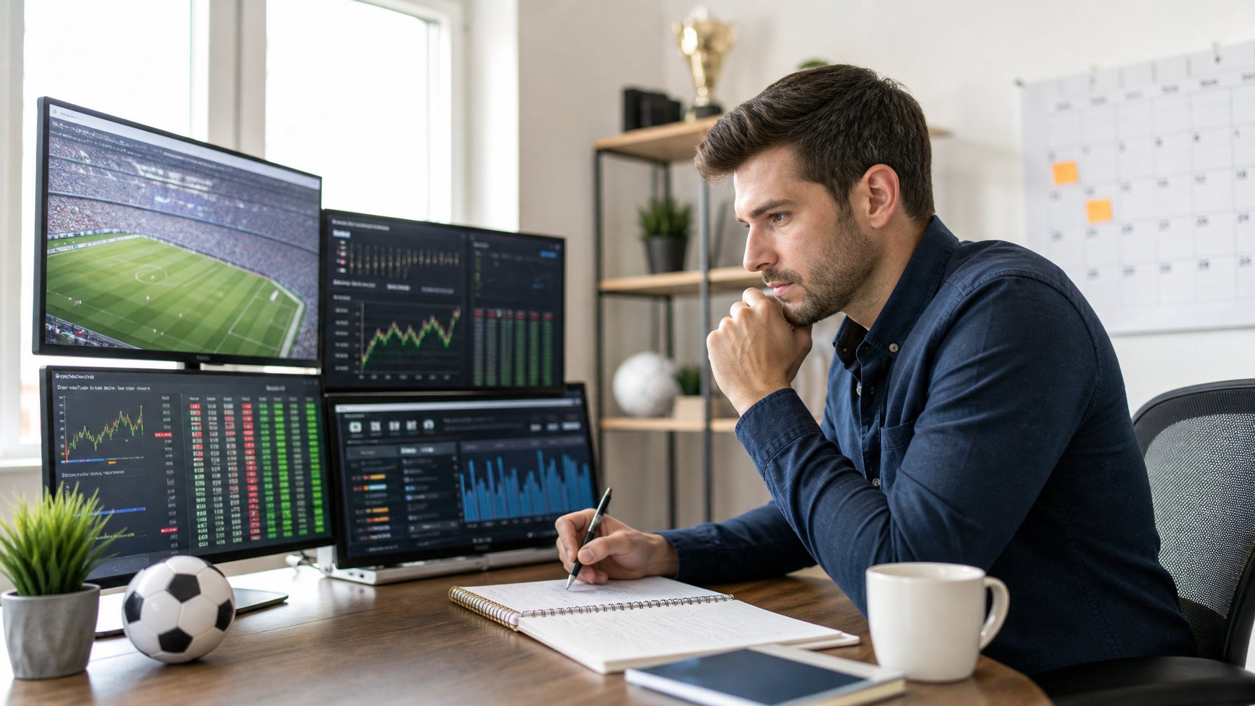 Seorang pria muda fokus bekerja di meja dengan beberapa monitor menampilkan statistik olahraga dan grafik keuangan.