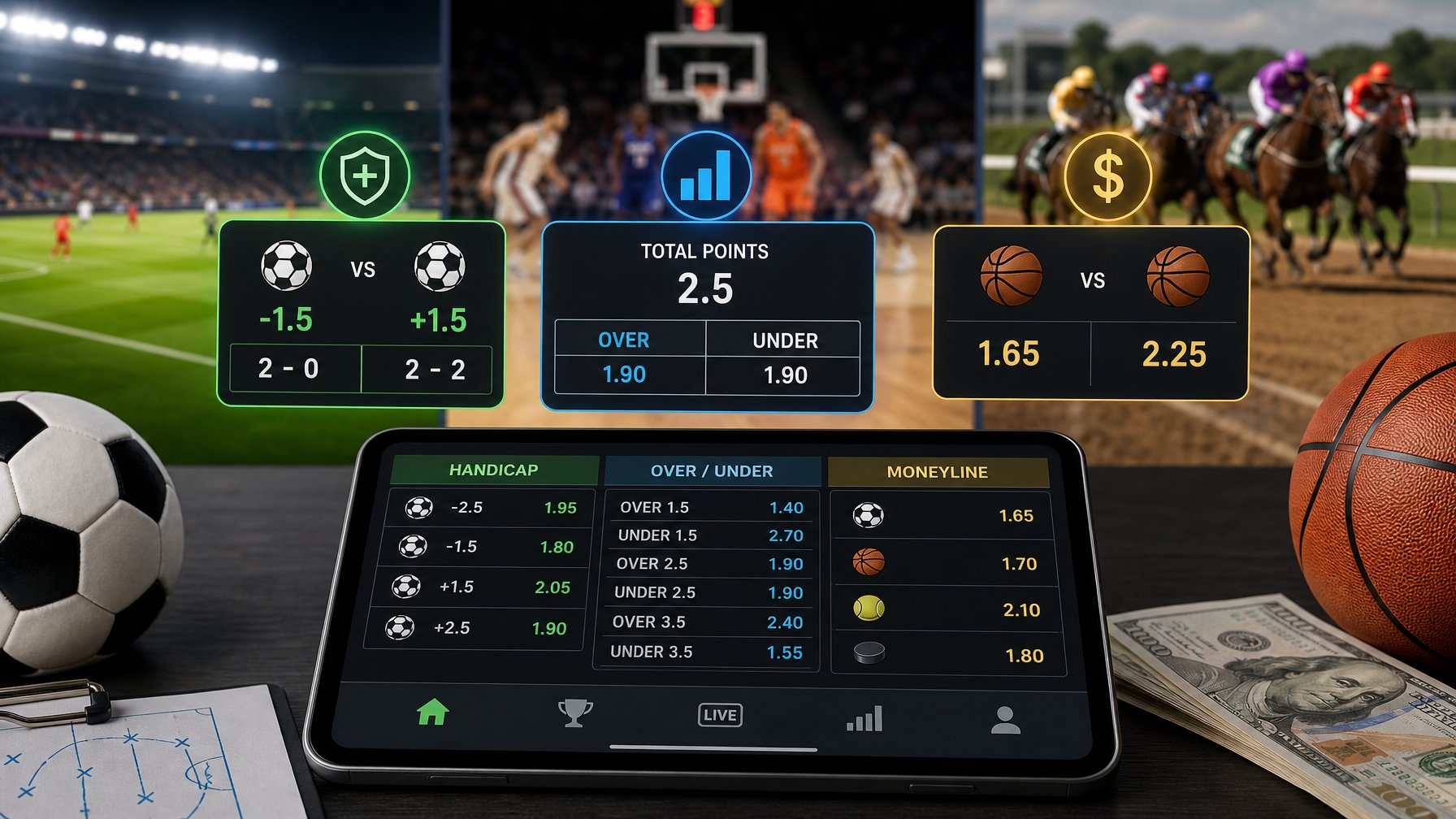 Seseorang menggunakan tablet yang menampilkan opsi taruhan olahraga dengan tiga kategori: Handicap, Over/Under, dan Moneyline, di latar belakang terdapat stadion olahraga yang samar.