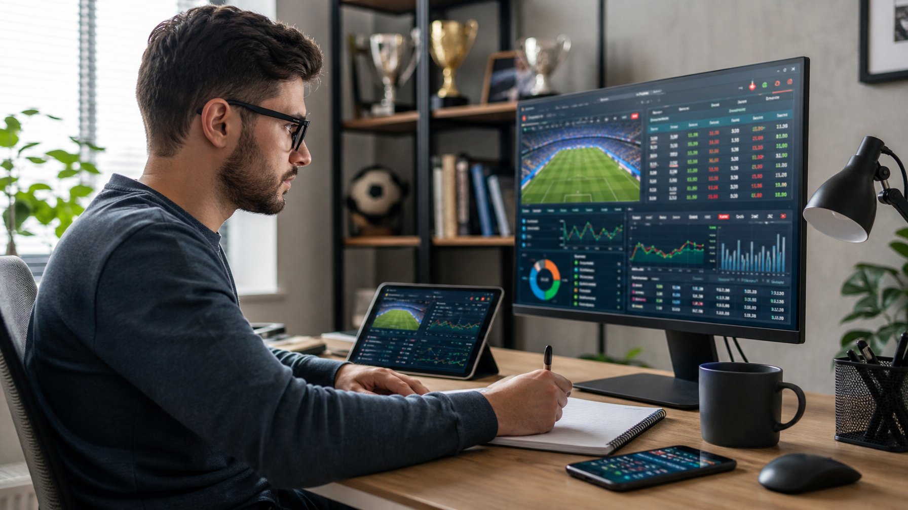 Seorang pria muda duduk di meja kantor modern sambil menganalisis data odds judi olahraga di layar komputer dengan catatan di tangan.