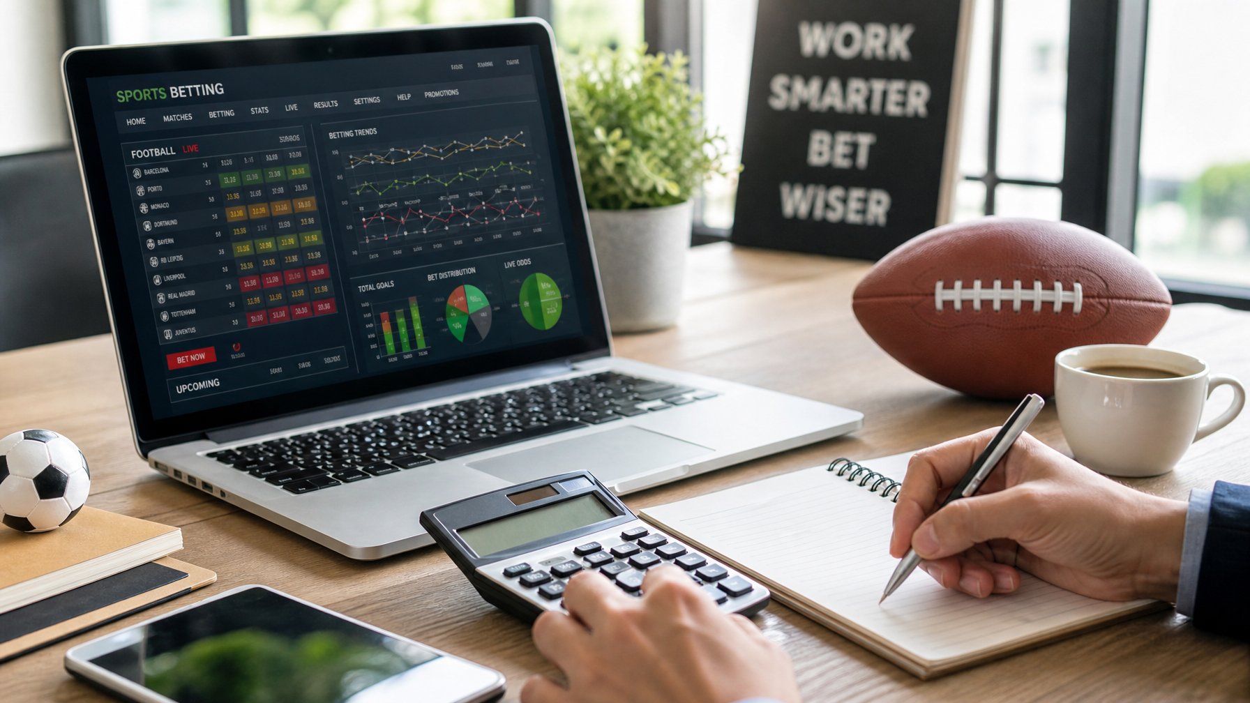 Meja kerja dengan laptop yang menampilkan grafik odds judi olahraga, tangan seseorang sedang menggunakan kalkulator dan mencatat di buku catatan, dengan bola kecil dan cangkir kopi di atas meja.