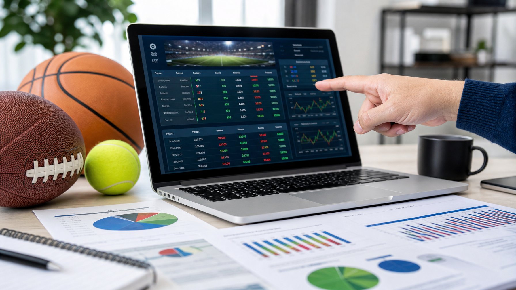 Meja kerja dengan laptop menampilkan statistik taruhan olahraga dan tangan menunjuk layar, dikelilingi bola olahraga di atas meja.