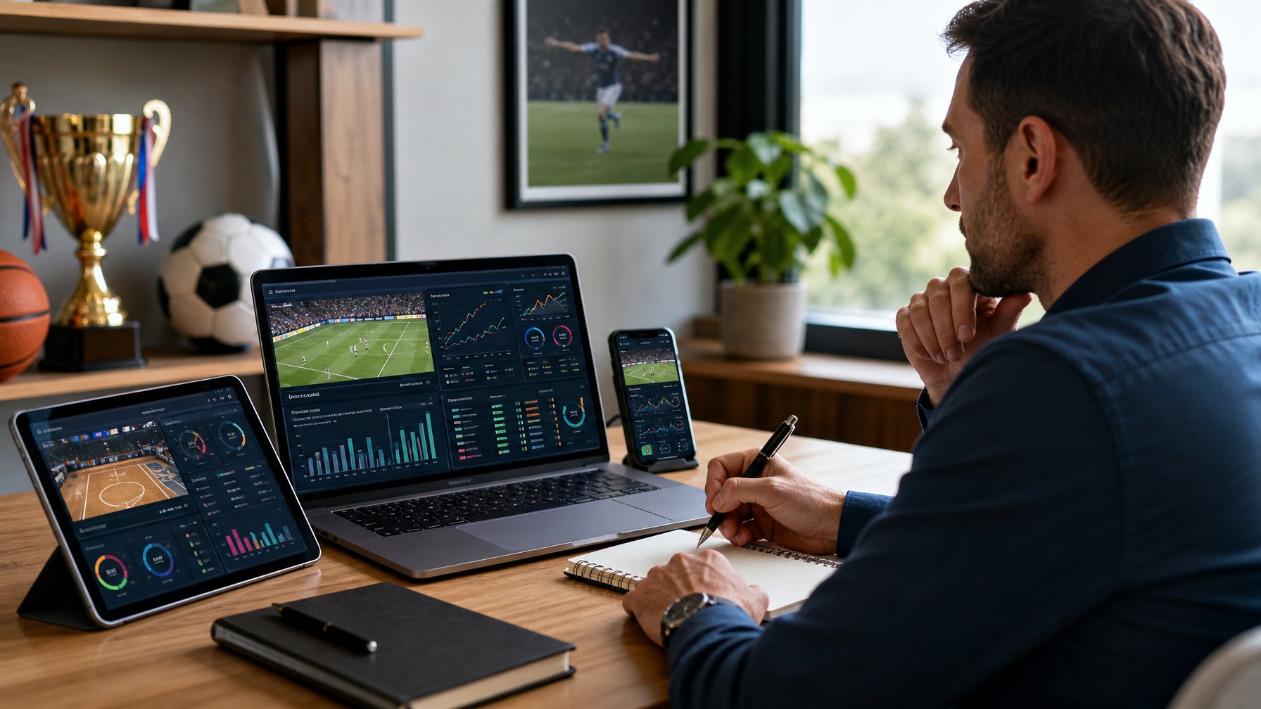 Seorang pria di meja kerja dengan beberapa perangkat digital yang menampilkan statistik dan analisis pertandingan olahraga, sedang mencatat informasi untuk analisis taruhan.