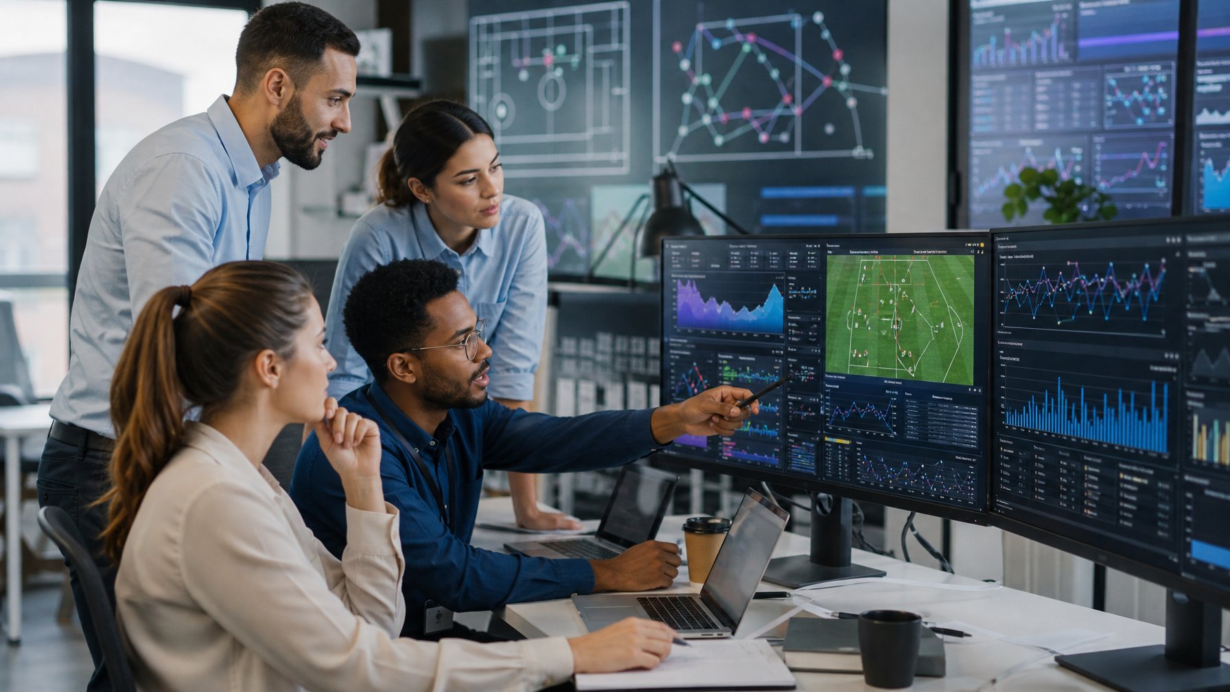 Beberapa analis olahraga sedang berdiskusi dan melihat layar komputer yang menampilkan data dan grafik performa tim serta pemain.