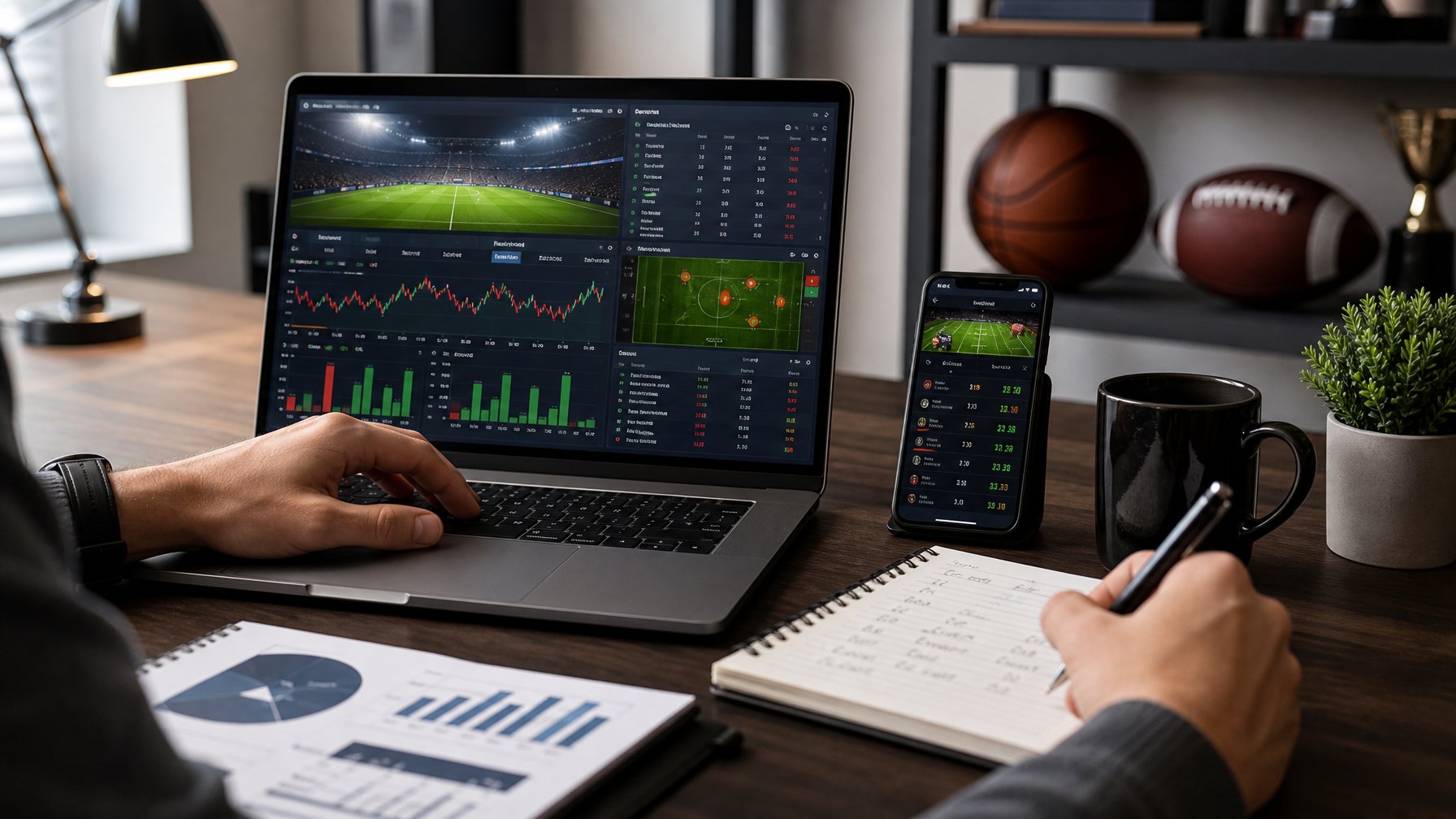 Seseorang sedang menganalisis statistik dan performa tim olahraga menggunakan laptop dan catatan di ruang kerja yang rapi.