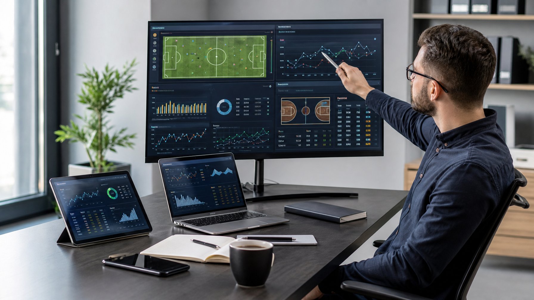 Seorang profesional sedang menganalisis data statistik olahraga di meja kerja dengan layar komputer dan tablet yang menampilkan grafik dan metrik performa tim.