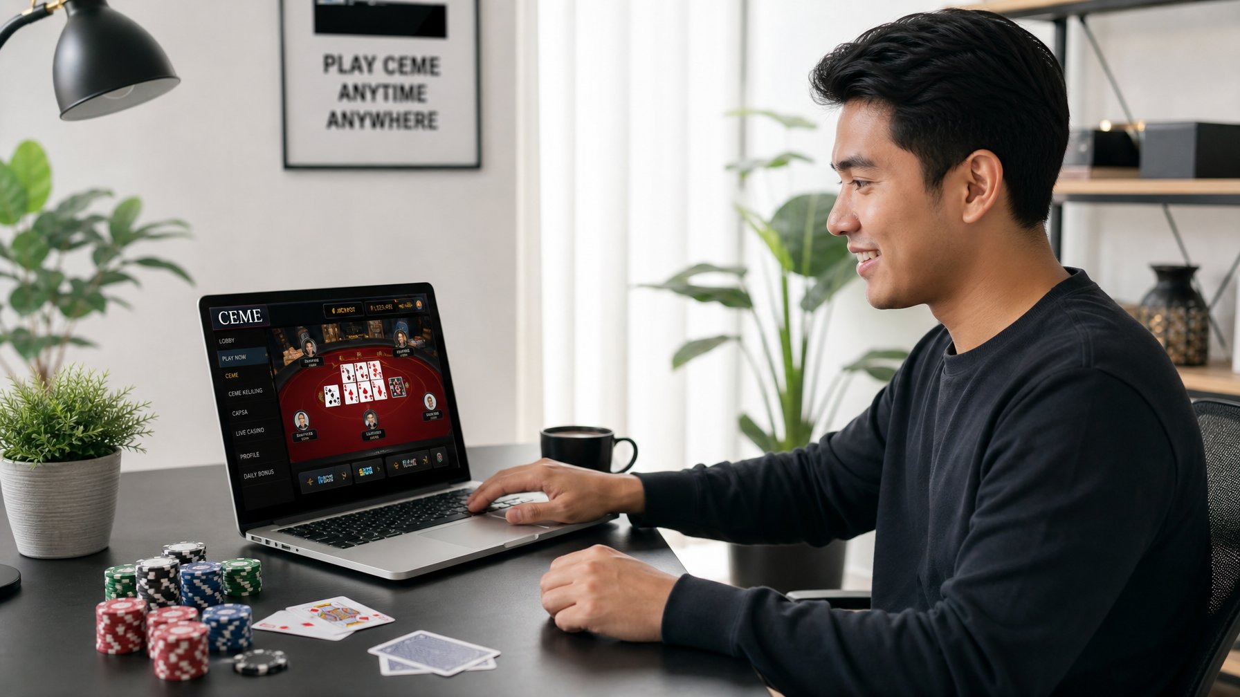 Seorang dewasa muda duduk di meja modern menggunakan laptop dengan perlengkapan permainan kartu di sekitarnya di ruang kerja rumah yang terang dan rapi.