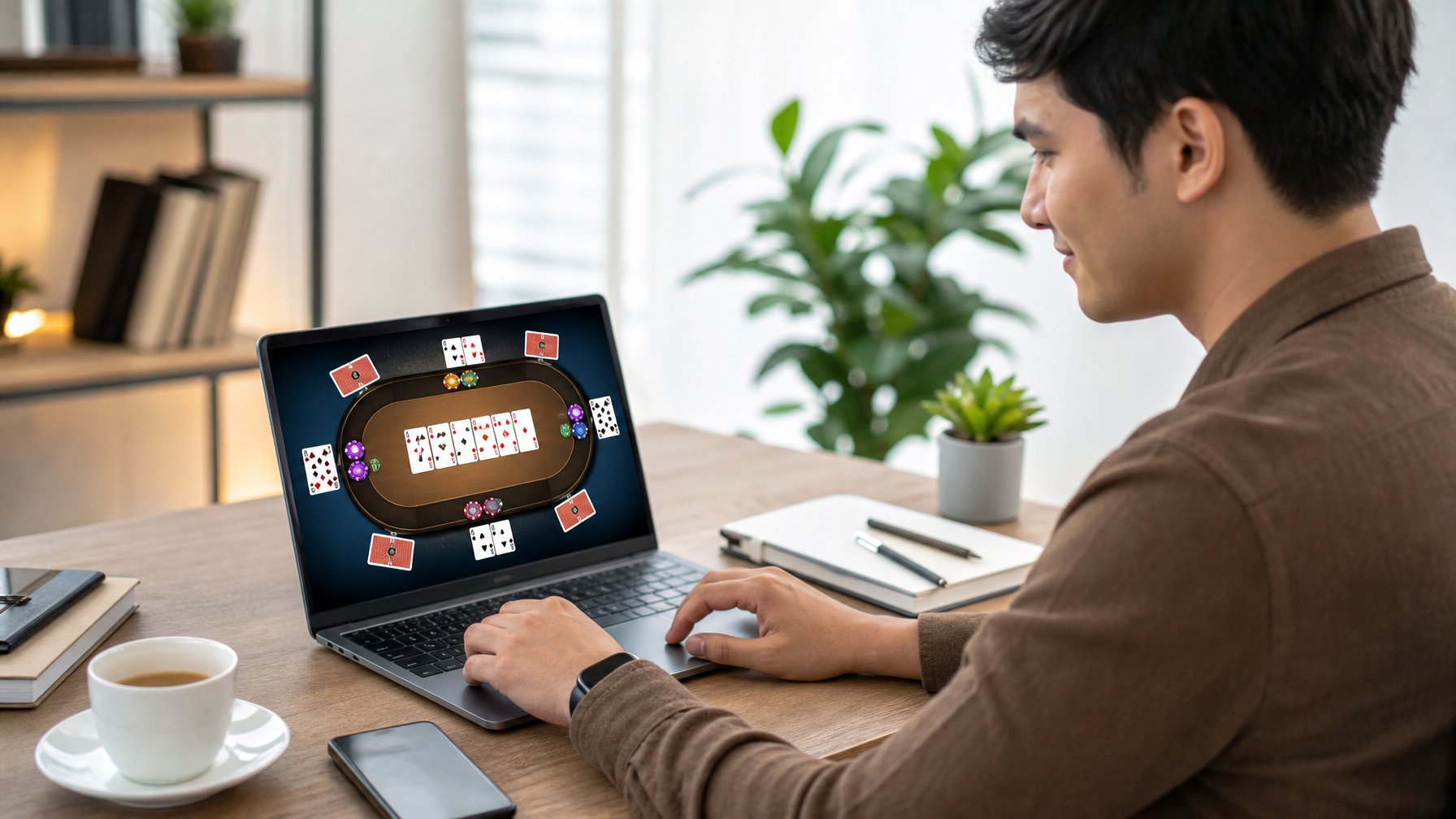 Seorang pemuda sedang fokus bermain permainan kartu online di laptop di ruang kerja rumah yang rapi dan terang.