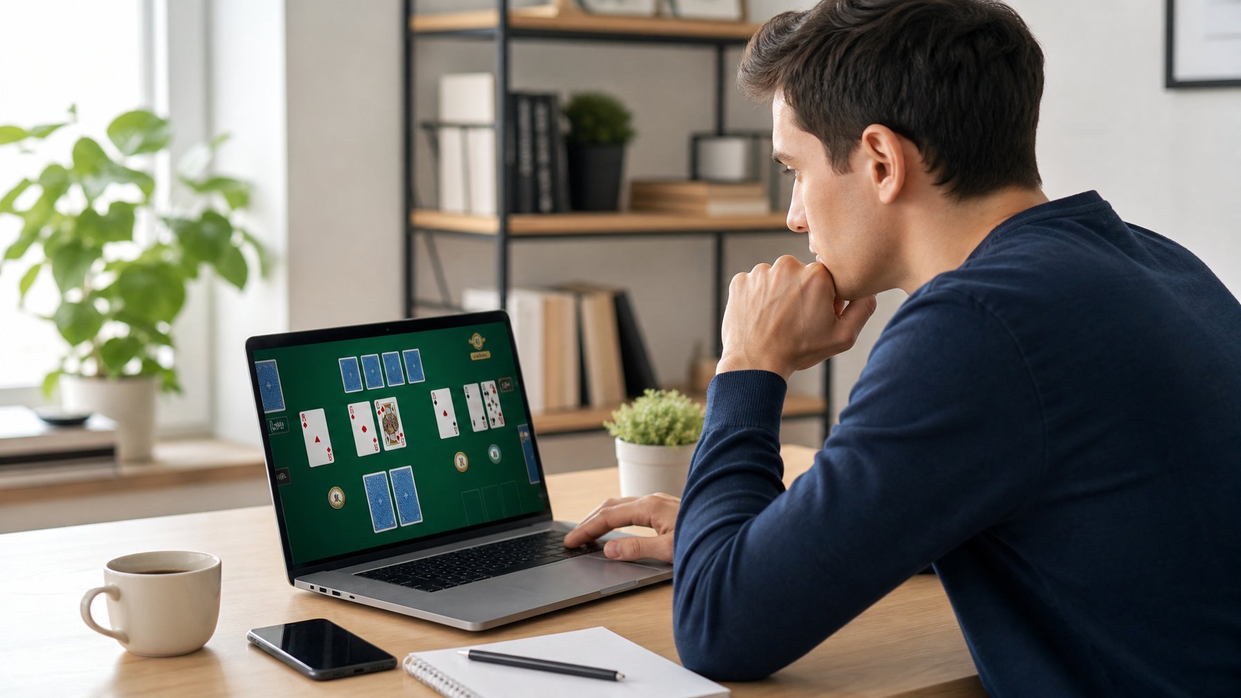 Seorang dewasa muda duduk di meja modern bermain permainan kartu online di laptop dengan ekspresi fokus dan suasana ruangan terang dan rapi.