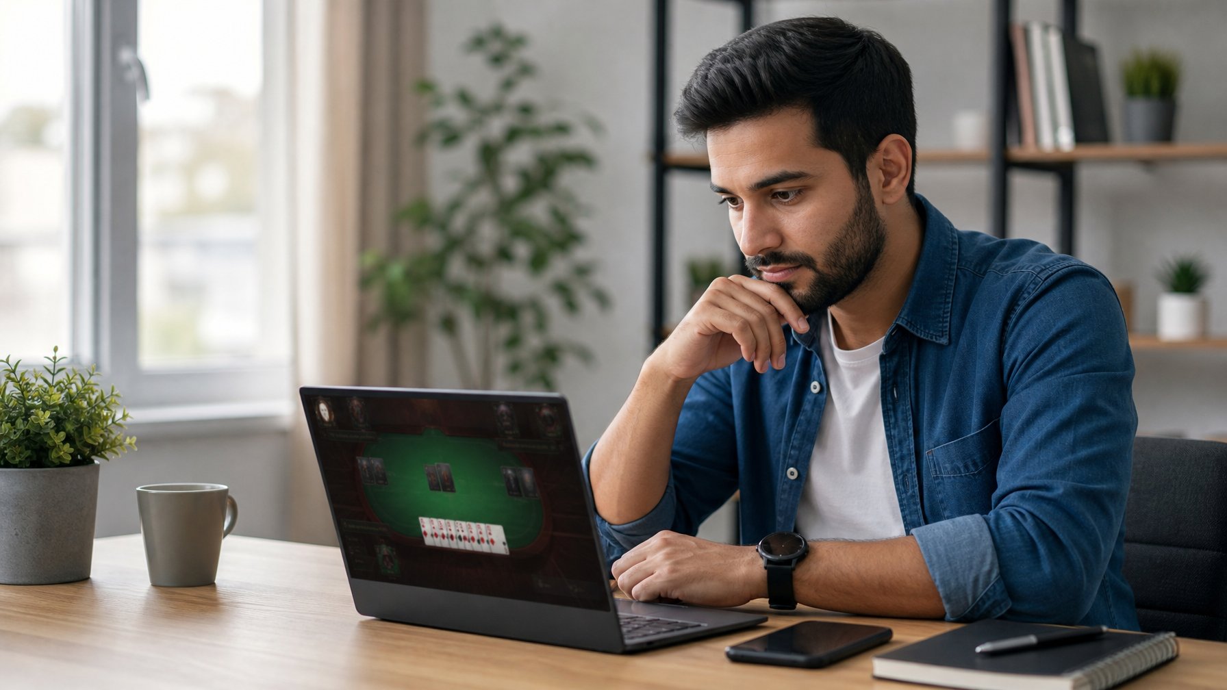 Seorang pria muda duduk di meja dengan laptop, fokus bermain permainan kartu online di ruang kerja rumah yang terang dan rapi.