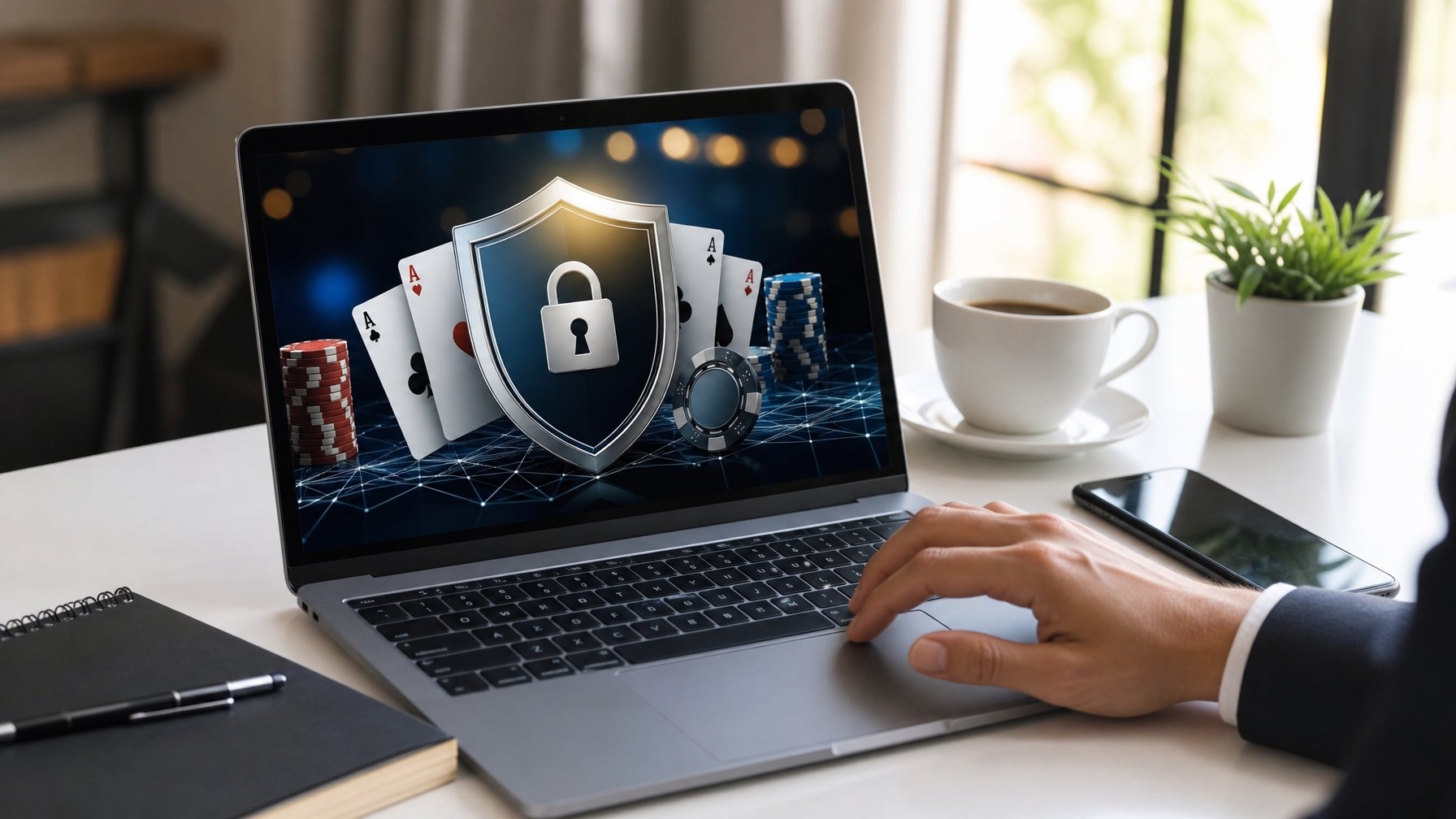 Seorang pengguna sedang menggunakan laptop di meja kerja yang rapi, menampilkan platform permainan online dengan suasana yang aman dan terpercaya.