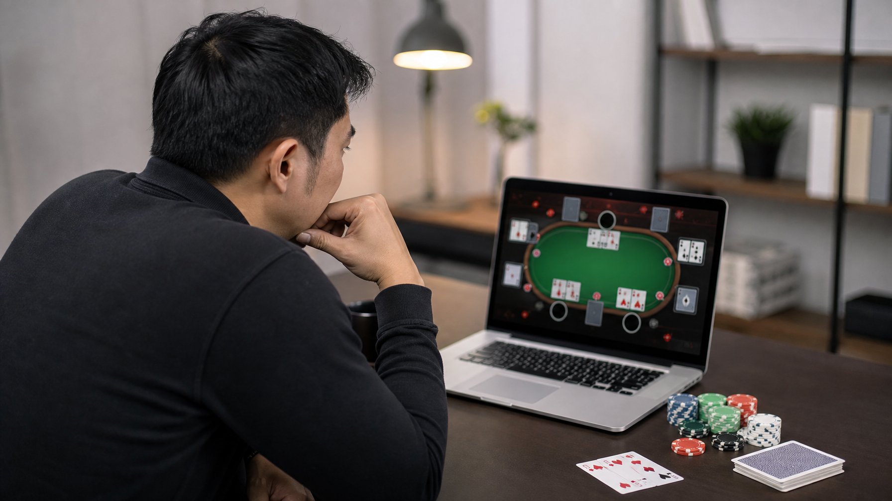 Seorang pemain fokus bermain kartu Ceme online di depan laptop dengan chip dan kartu di meja.