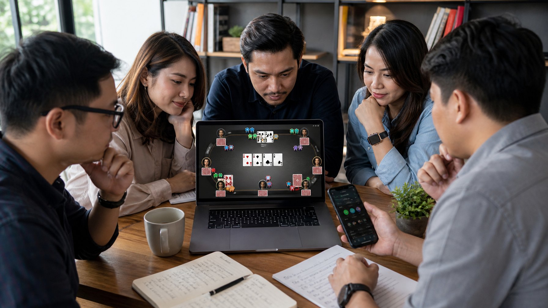 Beberapa orang sedang bermain permainan kartu Ceme online bersama di depan laptop di sebuah ruang kerja modern.