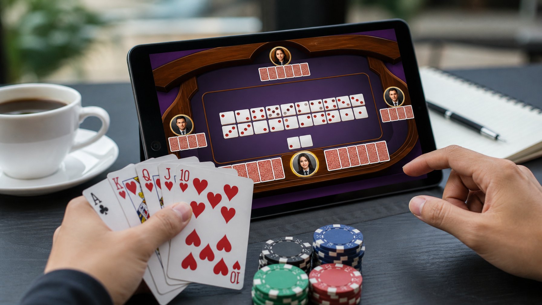 Tangan seseorang memegang kartu bermain di depan layar perangkat digital yang menampilkan permainan kartu online dengan latar belakang benda-benda seperti chip poker dan cangkir kopi.