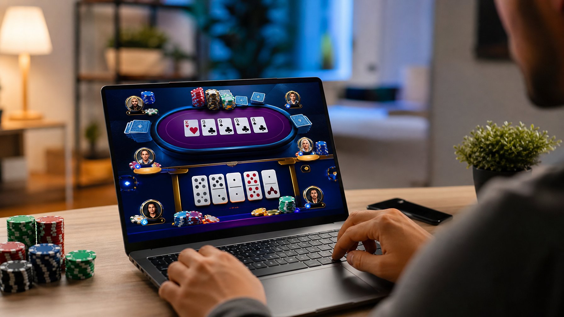 Tangan seseorang bermain permainan kartu online di depan layar komputer di ruang kerja modern.