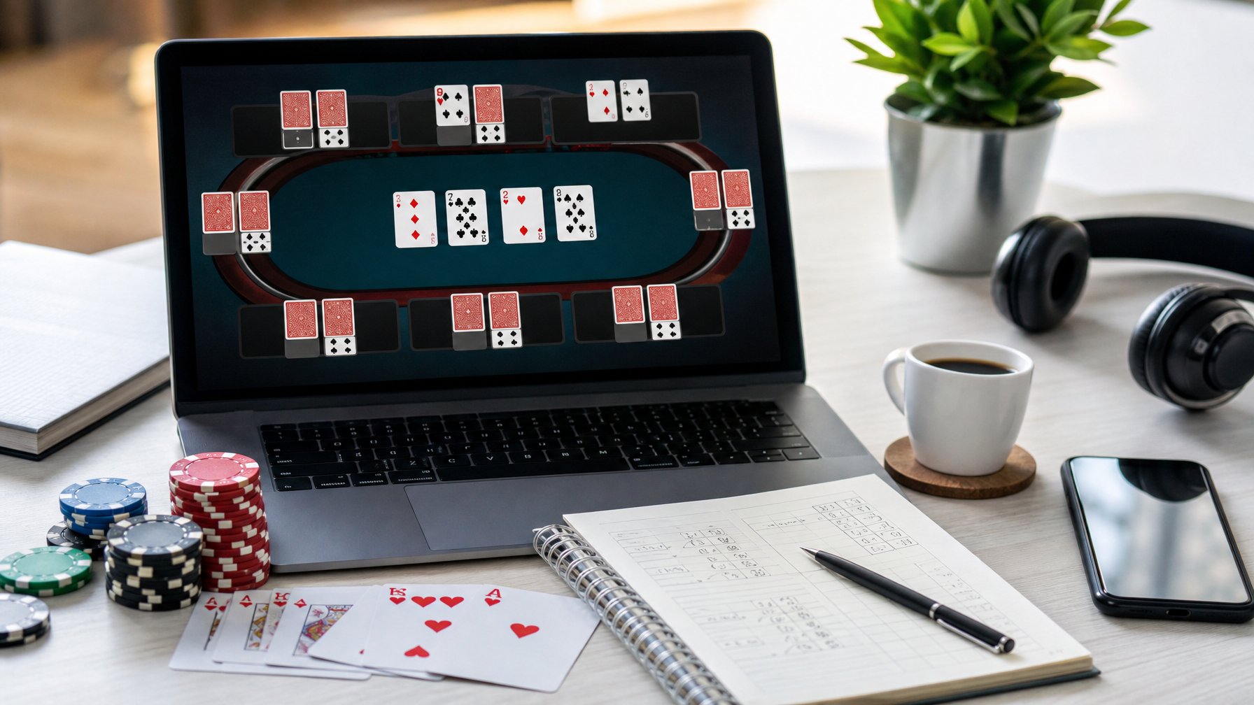 Seorang pemain menggunakan laptop untuk bermain permainan kartu Ceme online dengan chip poker dan alat tulis di meja.