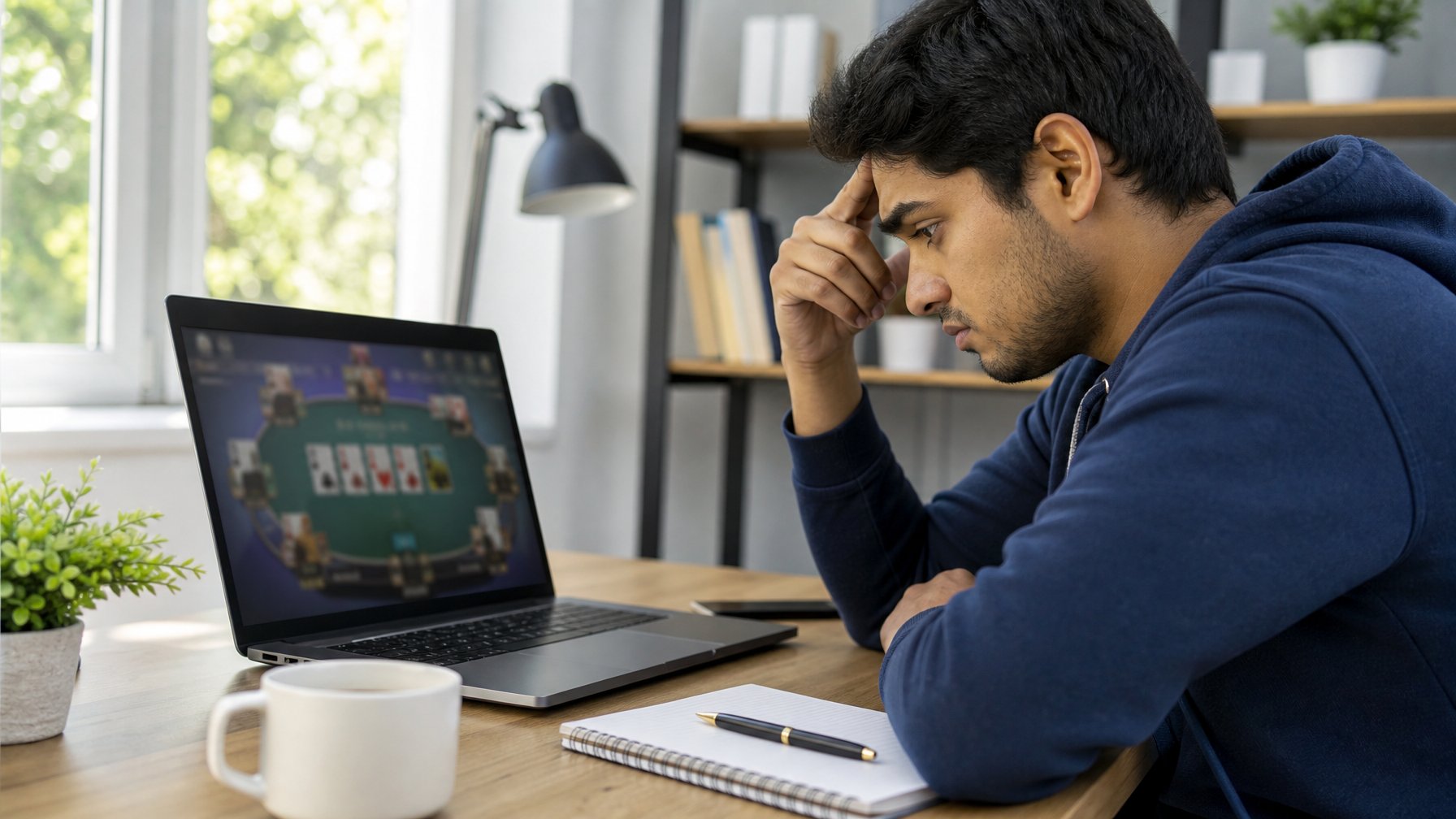 Seorang pria muda fokus bermain permainan kartu online di depan laptop di ruangan yang terang dan rapi.
