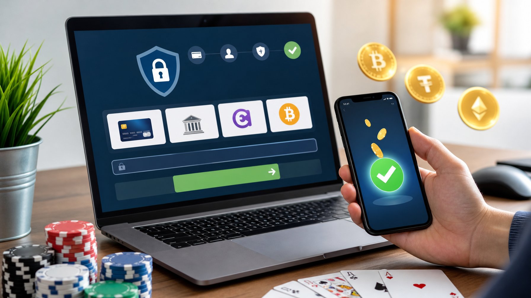 Seorang pengguna sedang melakukan transaksi deposit mudah di laptop dan ponsel di meja kerja dengan perlengkapan permainan kartu di sekitar.