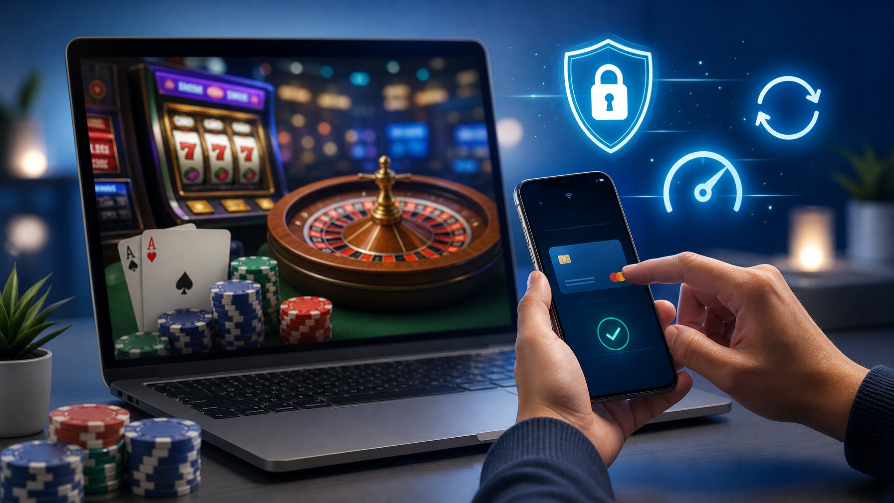 Seseorang menggunakan ponsel untuk melakukan transaksi cepat di depan layar komputer yang menampilkan permainan kasino online.