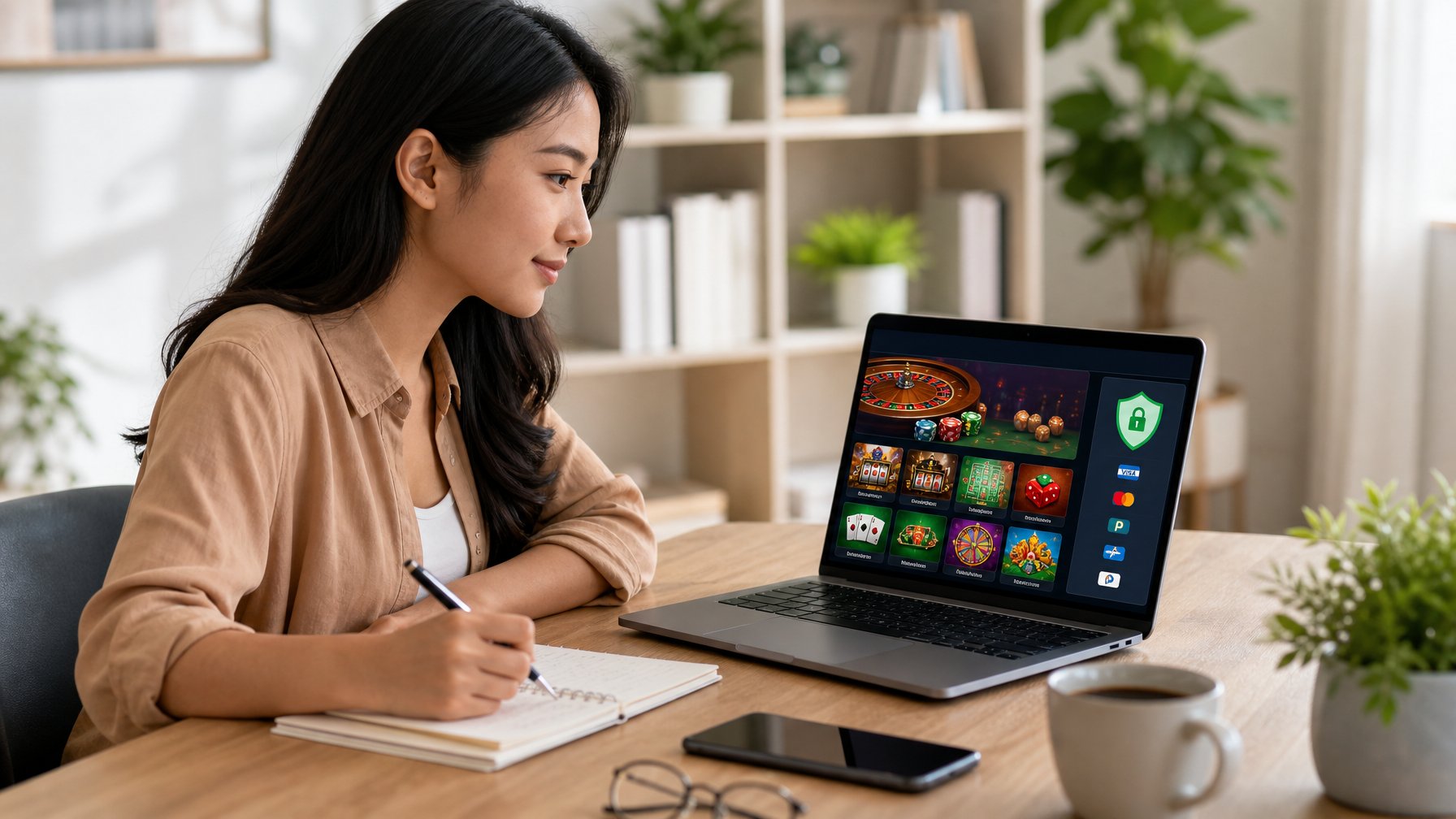 Seorang wanita muda duduk di meja dengan laptop, mencatat sambil melihat layar komputer yang menampilkan situs casino online.