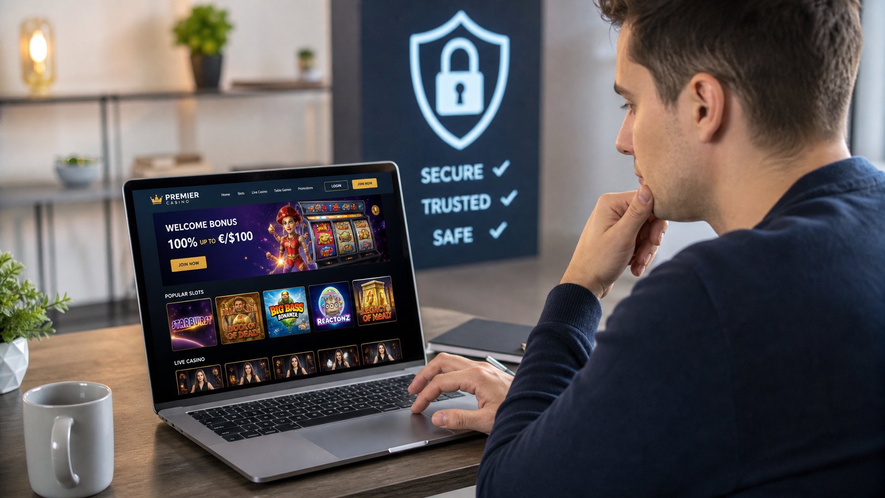 Seorang dewasa muda sedang duduk di depan laptop dengan tampilan situs casino online, menunjukkan suasana bermain casino online yang aman dan terpercaya.