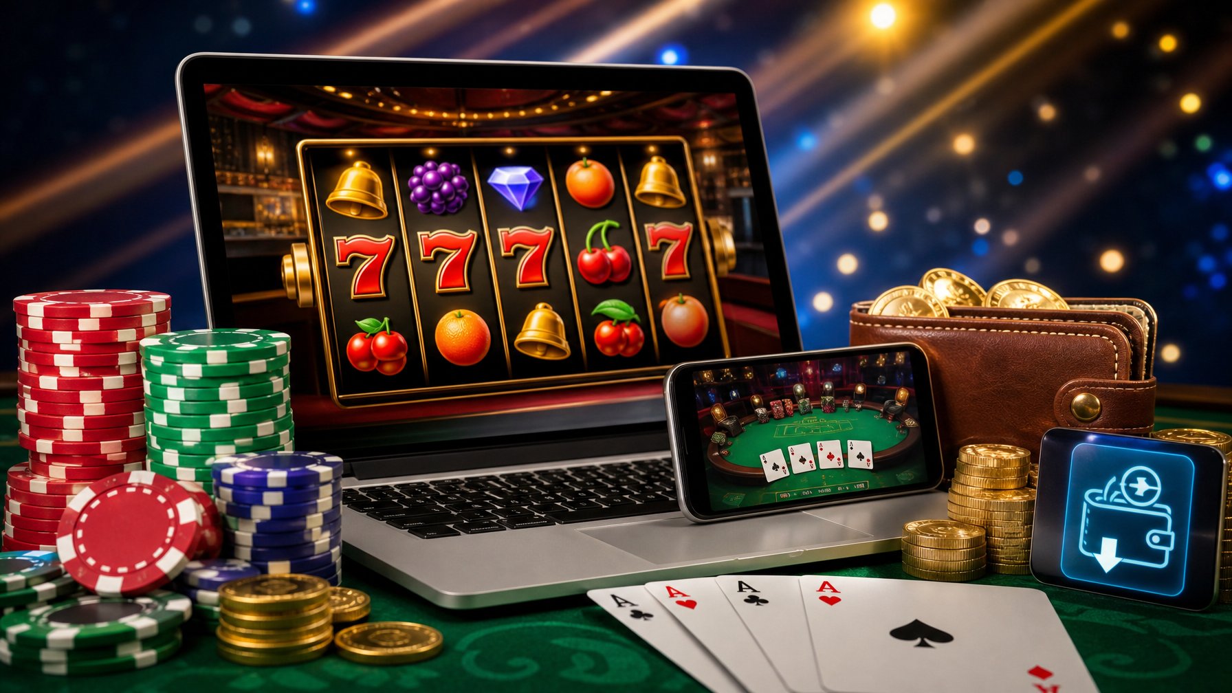 Seorang pengguna sedang bermain kasino online dengan perangkat modern, dikelilingi oleh chip kasino dan koin emas yang melambangkan bonus dan kemudahan pencairan.