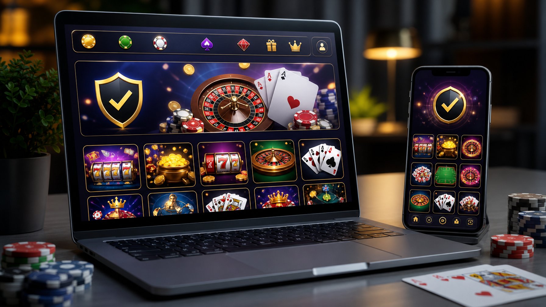 Seorang pengguna sedang melihat layar laptop dan ponsel yang menampilkan permainan kasino online dengan berbagai ikon permainan di meja kerja.