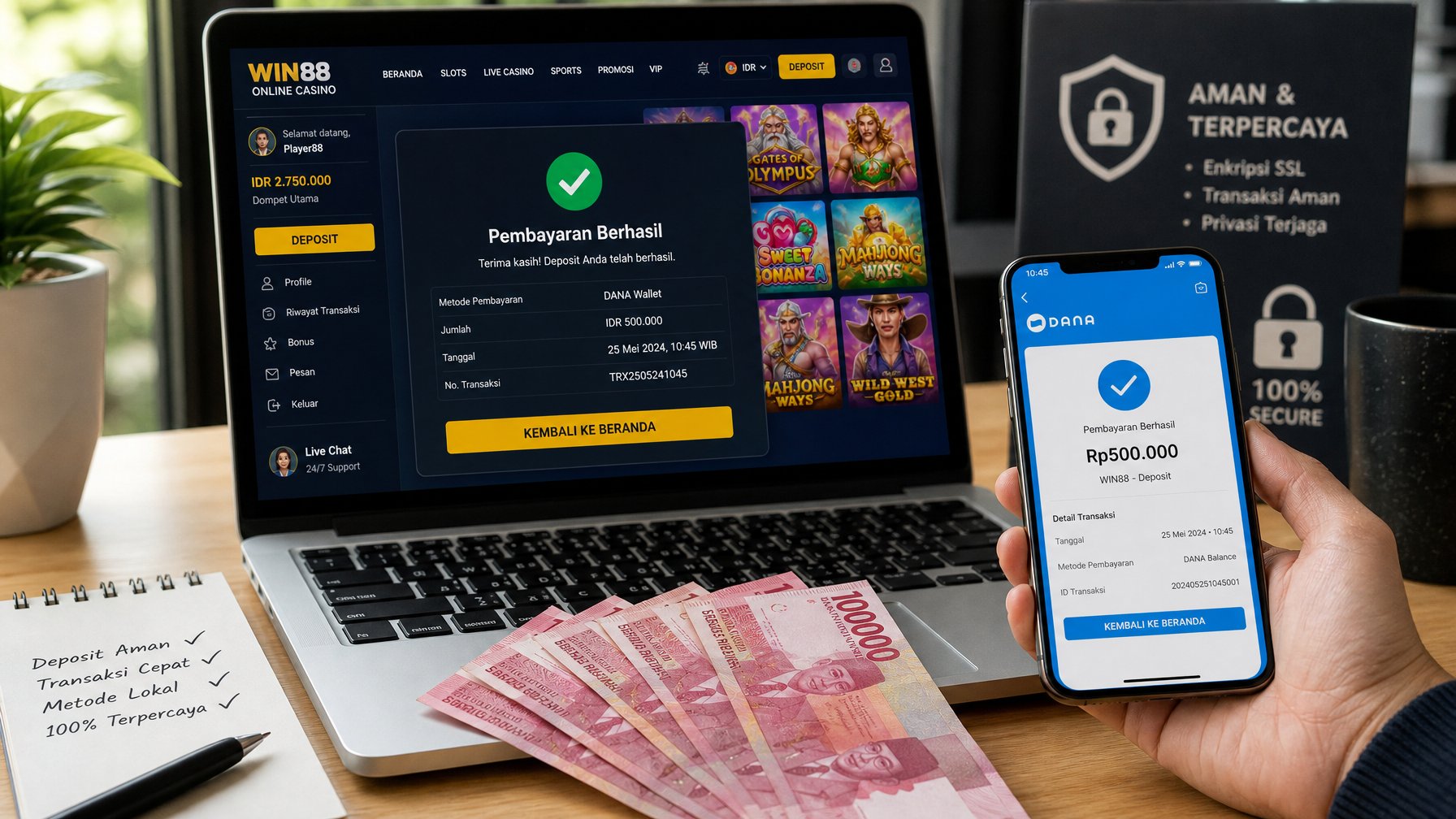 Seorang pengguna sedang melakukan pembayaran online di kasino dengan laptop dan ponsel, di meja terdapat uang rupiah dan tampilan aplikasi dompet digital yang menunjukkan transaksi berhasil.